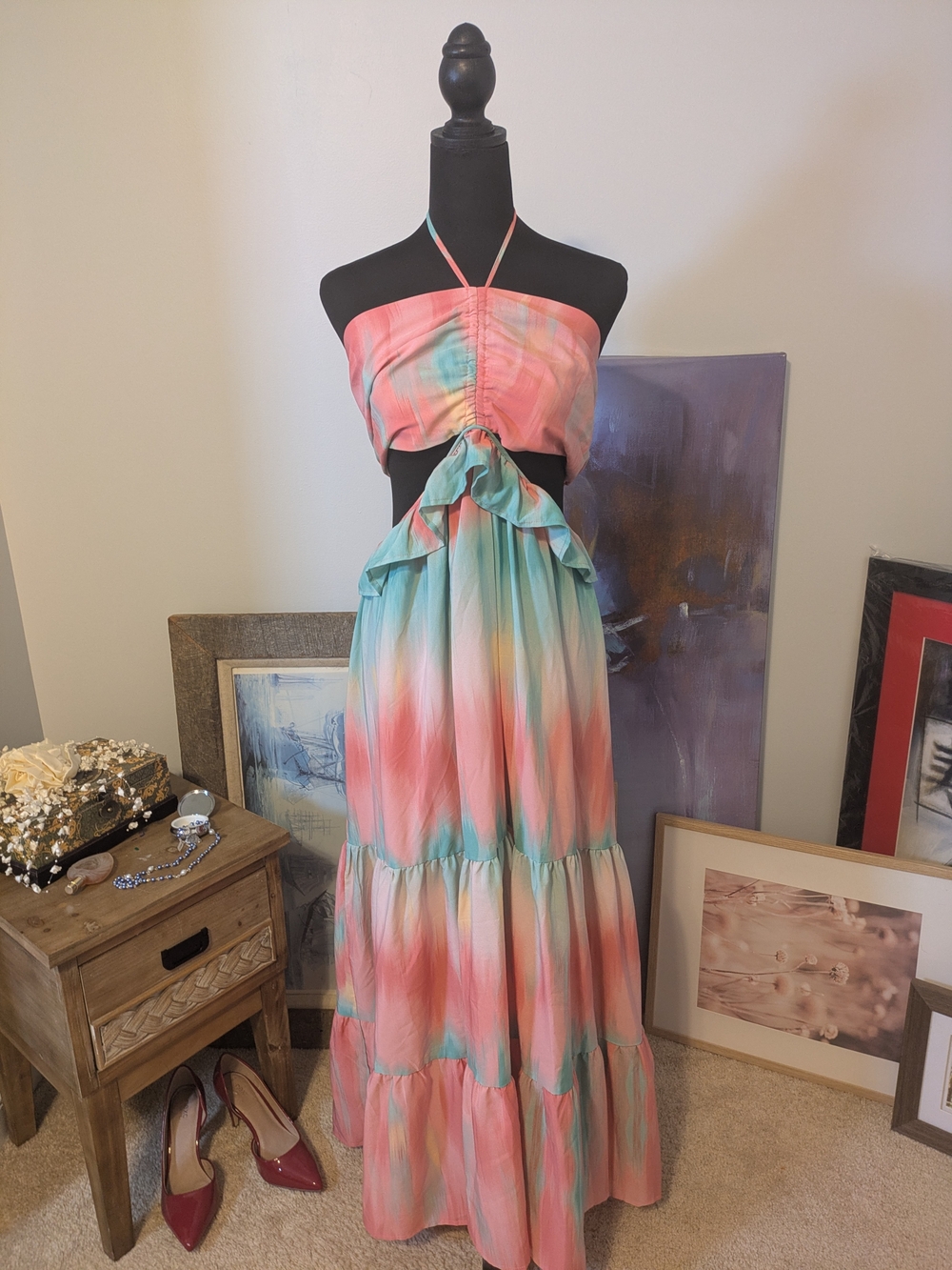 SHEIN Tie-Dye Halter Maxi Dress Size 3X Cut Outs Ruffle Tiered **FLAW**